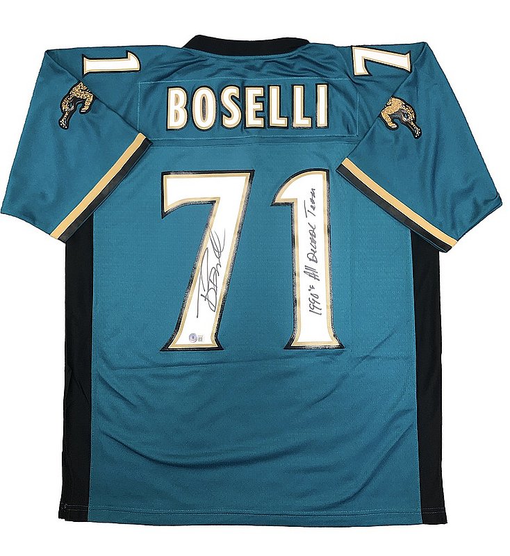 Tony Boselli Autographed Signed Jacksonville Jaguars Mitchell & Ness Teal  XL Jersey with 1990's All Decade Team Inscription - Beckett QR Authentic