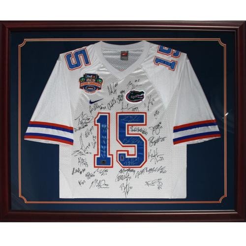 Urban Meyer Autographed Signed 2008 Florida Gators National Champions Team And (White #15 Nike) Deluxe Framed Jersey - 35 Signatures, Tim Tebow