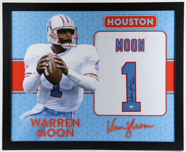 Framed Warren Moon Houston Oilers Autographed Blue Mitchell & Ness Replica  Jersey with HOF 06 Inscription