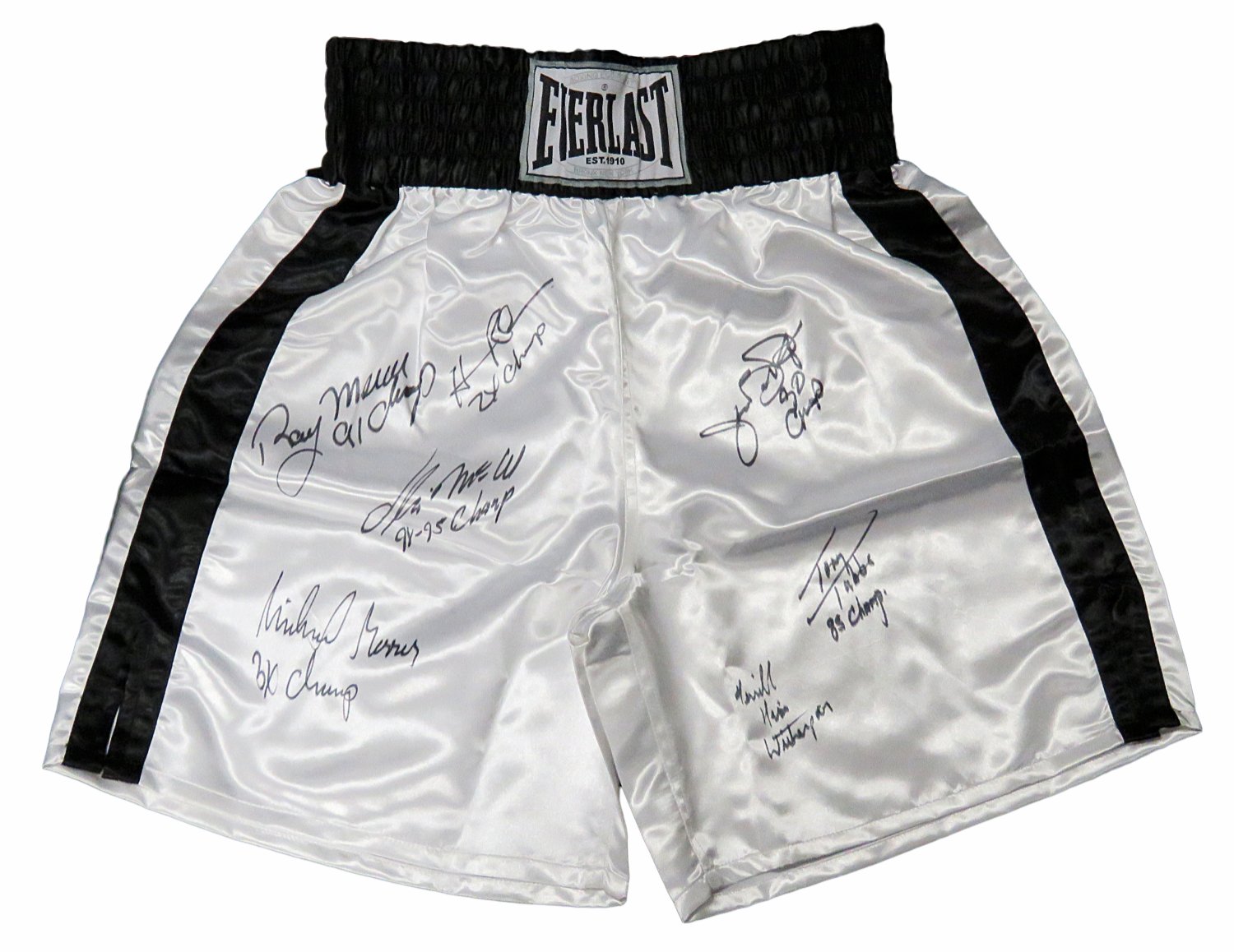 7 Former Boxing Heavyweight Champions Multi Autographed Signed Everlast White Boxing Trunks With