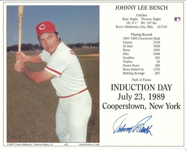Autographed Signed Johnny Bench Hof Induction Day Card Certified