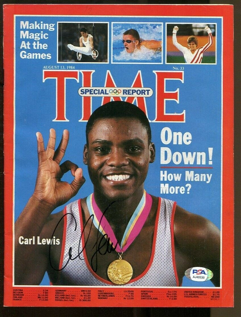 Carl Lewis Autographed Signed 1984 Time Magazine No Label 8 13 Autographed Olympics Psa Dna
