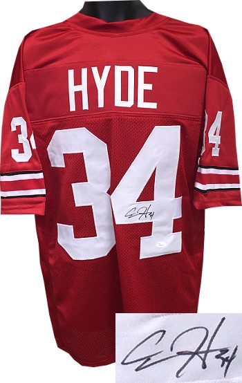 Carlos Hyde Autographed Signed Red Custom Stitched Football Jersey #34 XL  number bleed- JSA Hologram