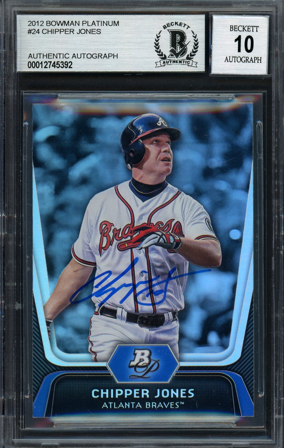 chipper jones autographed signed 2012 bowman platinum card #24 atlanta braves auto grade gem mint 10 beckett bas chipper jones autographed signed