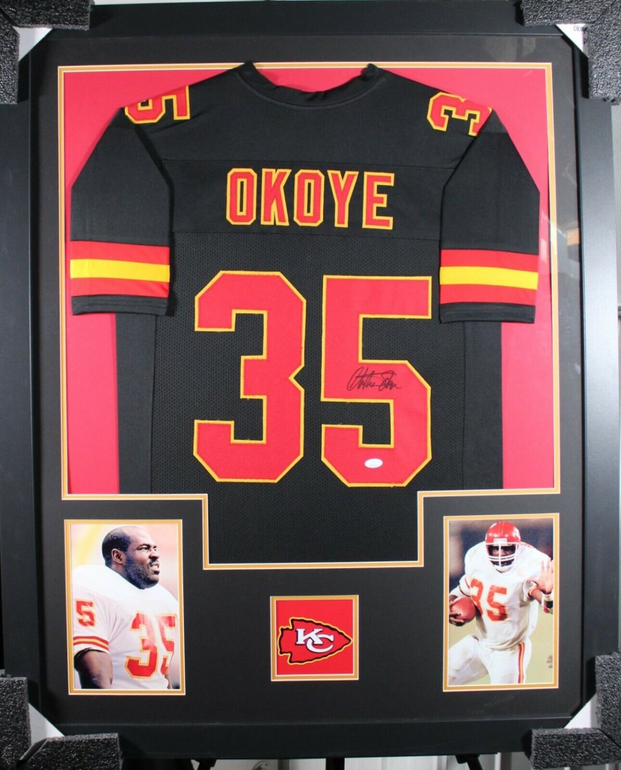 Christian Okoye Autographed Signed (Chiefs Black Tower) Framed Jersey JSA