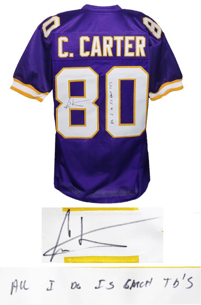 Cris Carter Autographed Signed Purple Custom Football Jersey w/All I Do Is  Catch TD's