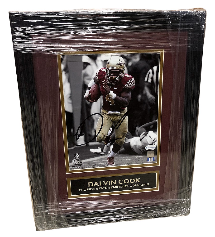 Dalvin Cook Autographed Signed Florida State Seminoles Framed Spotlight  running in Garnet Jersey 8x10 Photo with Nameplate - Certified Authentic