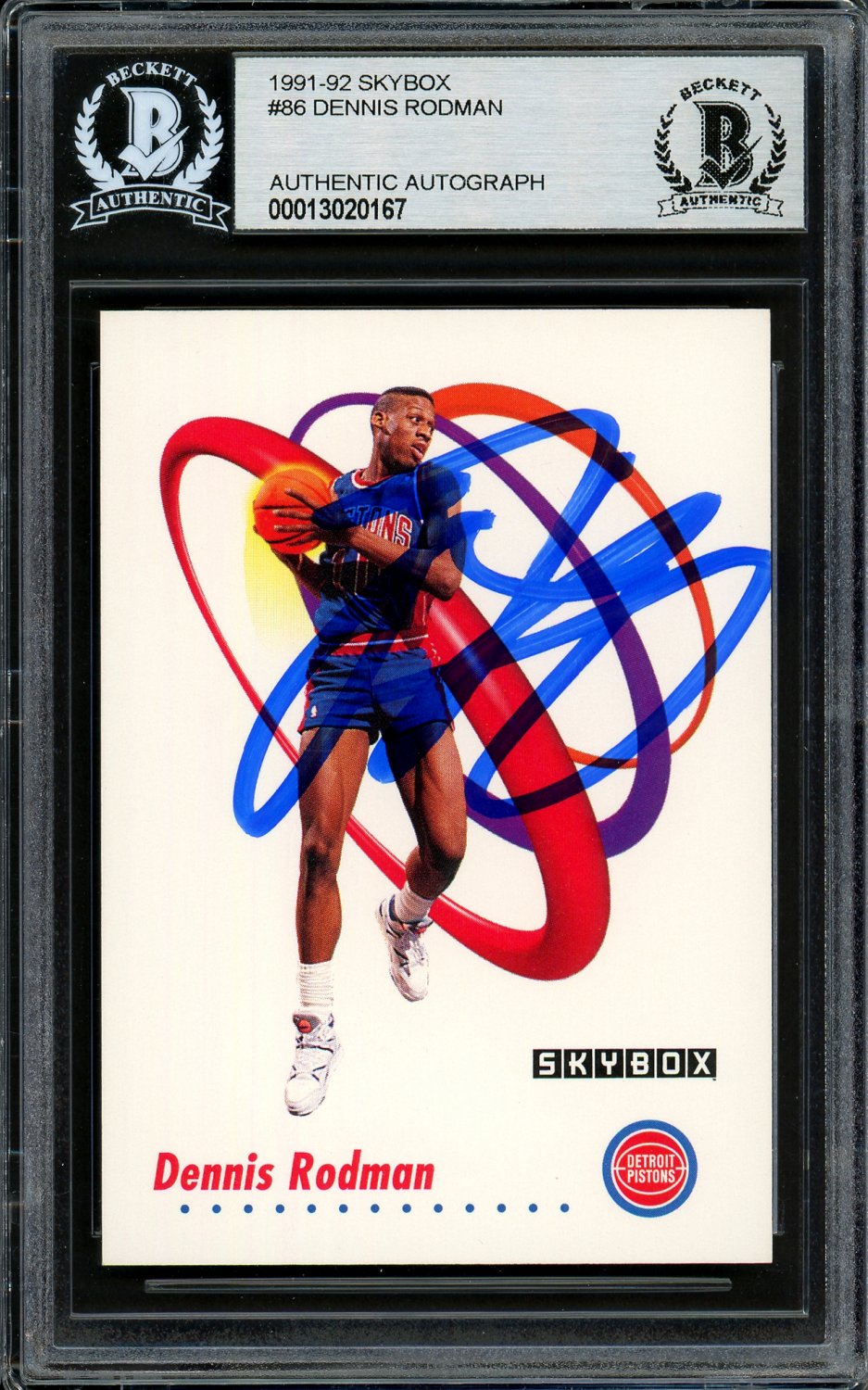 Dennis Rodman Autographed Signed 199192 Skybox Card 86 Detroit Pistons Beckett BAS