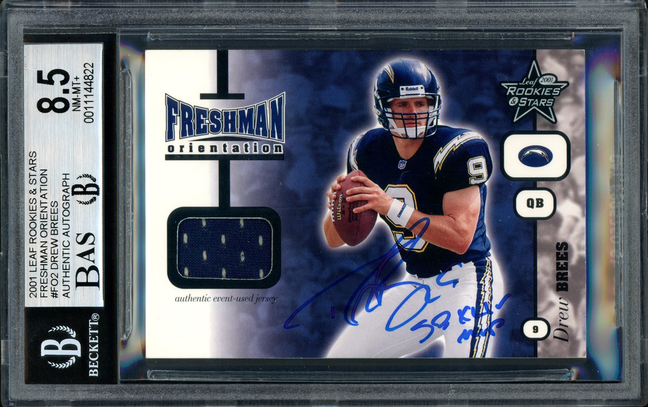 Drew Brees Autographed Signed Memorabilia 2001 Leaf Rookie Stars Freshman Jersey Rookie Card Fo2 New Orleans Saints Sb Xliv Mvp Card Grade 8 5 Auto Grade 10 Beckett Authentic