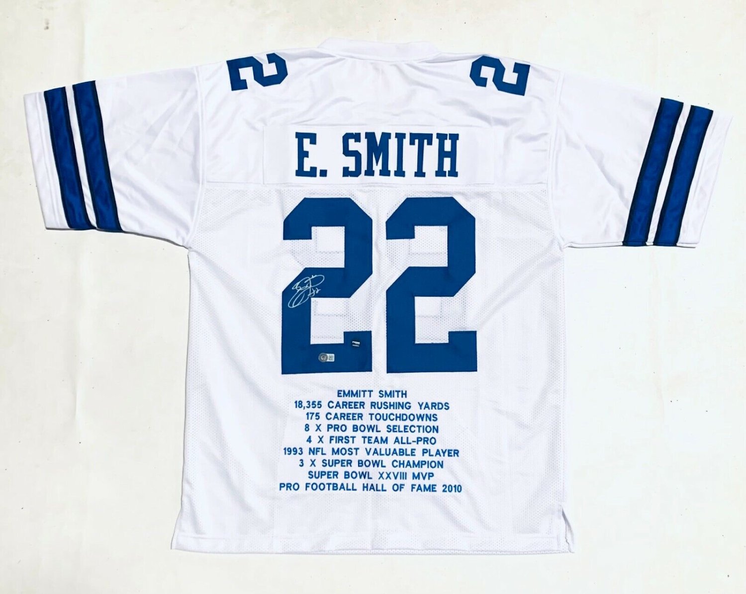 Emmitt Smith Autographed/Signed Pro Style Framed White XL Jersey BAS