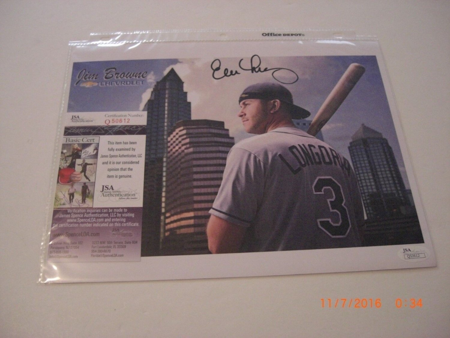 Evan Longoria Signed Tampa Bay Rays 11x14 Photo JSA 