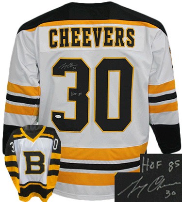 goldenautograph Gerry Cheevers Boston HOF-85 Incs Autographed Hockey Jersey White (JSA) HOF 85 Inscription