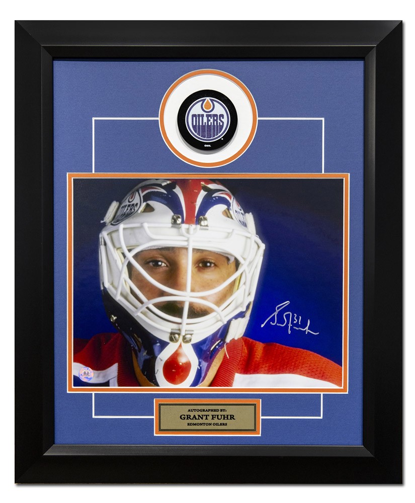 Grant Fuhr Edmonton Oilers Autographed Signed Mask Close Up 24x20 Comisite Puck Frame