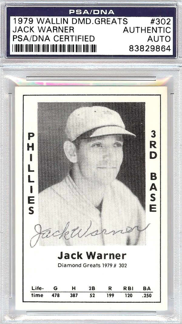 Jack Warner Autographed Signed 1979 Diamond Greats Card 302 Phillies PSA/DNA Certified