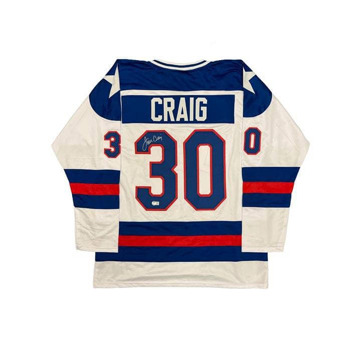 FRAMED Autographed/Signed JIM CRAIG 33x42 White USA Hockey Jersey