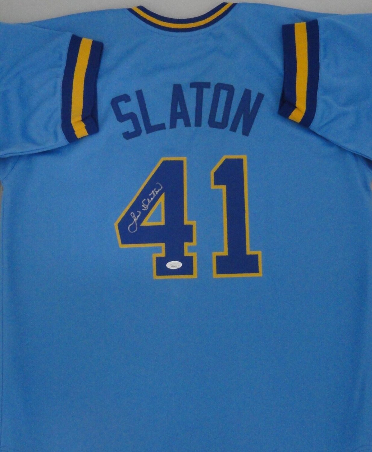 JIM SLATON SIGNED CUSTOM REPLICA BREWERS PINSTRIPE JERSEY - JSA