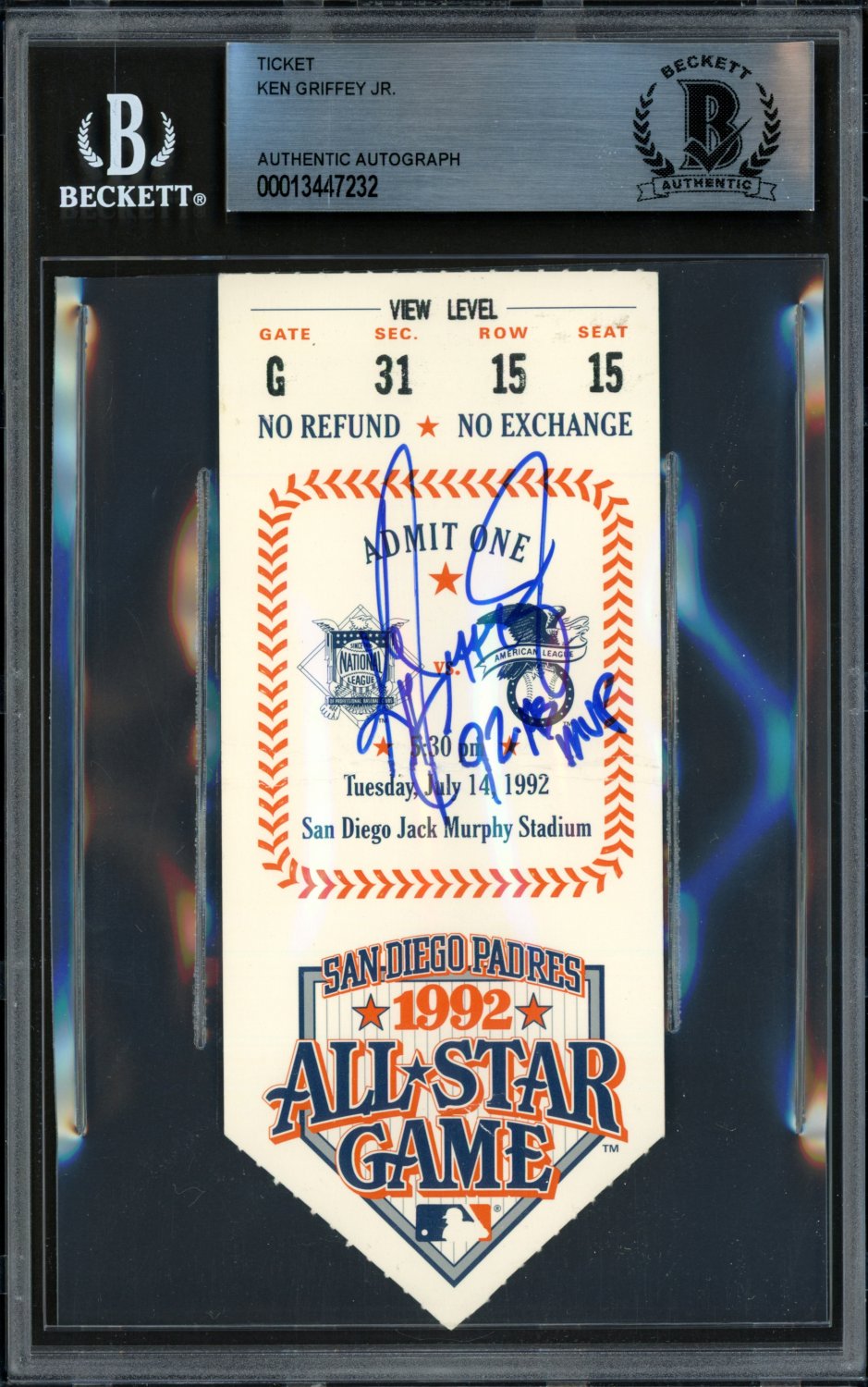 Ken Griffey, Jr. Autographed Signed . 1992 All Star Game 2.5X5.5 Ticket  Seattle Mariners 92 As MVP Beckett Beckett