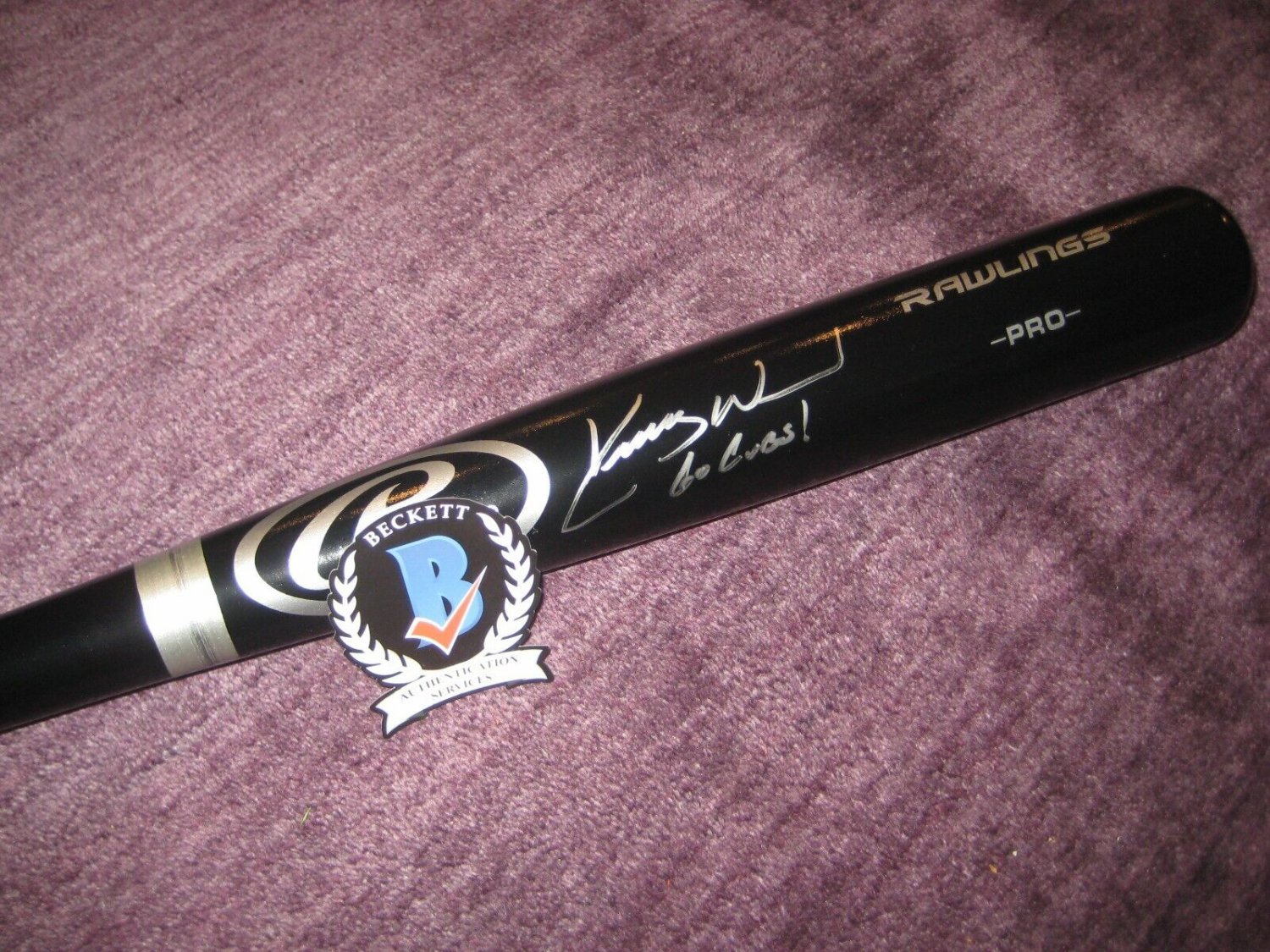 Kerry Wood Autographed Signed (Cubs) Black Rawlings Bat With Beckett  Witnessed & Go Cubs Inscr
