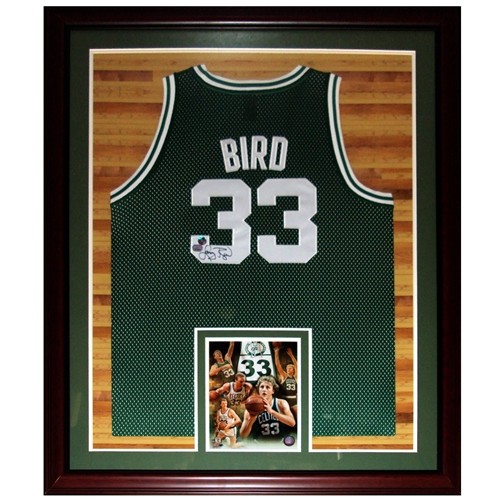 Larry Bird Autographed Signed Boston Celtics (Green #33) Deluxe Framed Jersey - Court Background ...