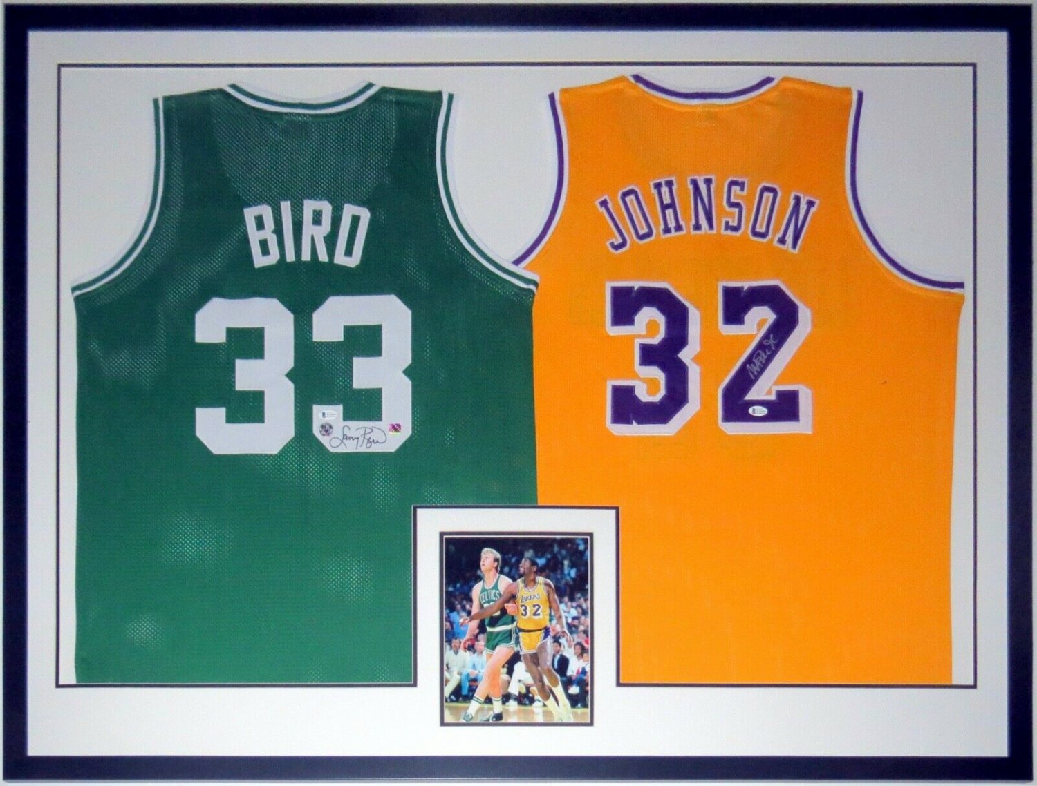 Larry Bird Autographed Signed & Magic Johnson 2 Jerseys Beckett COA
