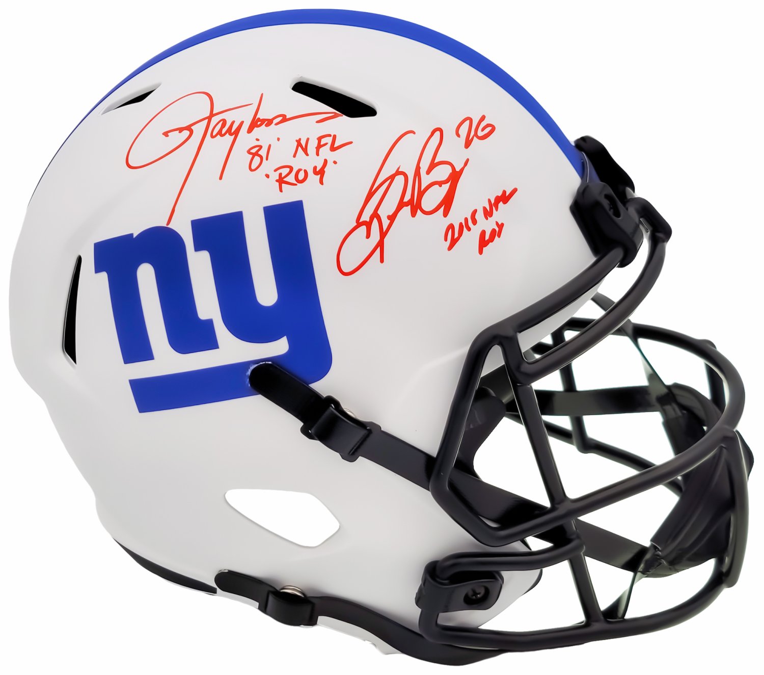 Lawrence Taylor- Autographed Signed & Saquon Barkley New York Giants Lunar  Eclipse White Full Size Replica Speed Helmet 'NFL Roy' Beckett Beckett Qr