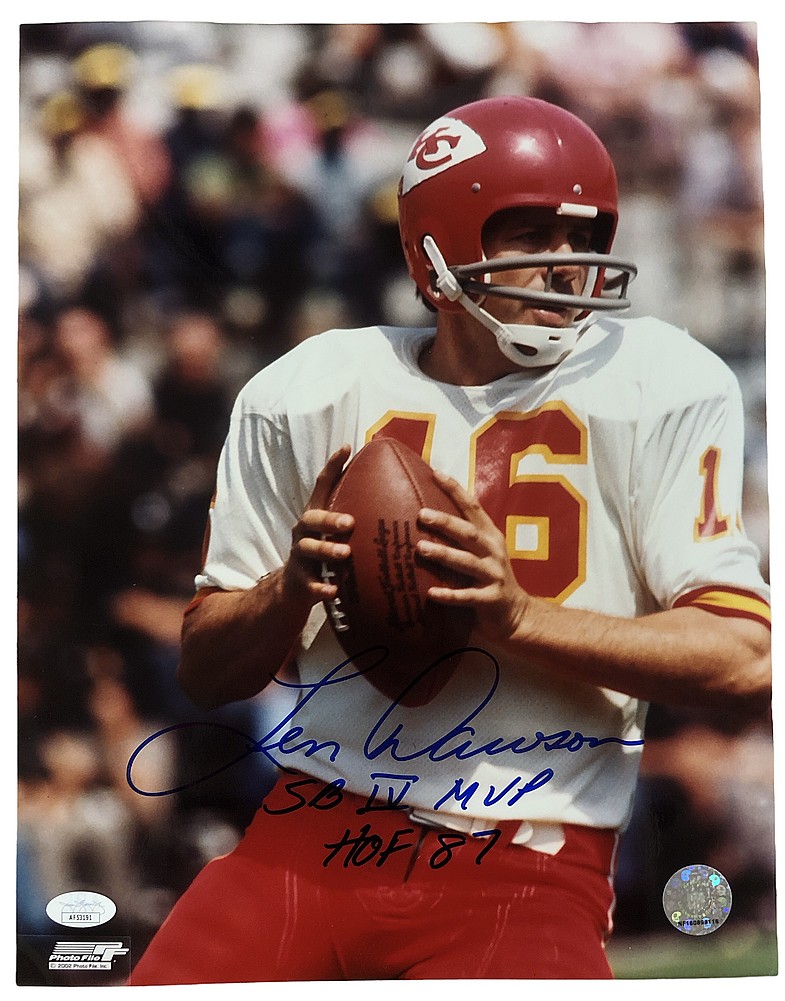 Len Dawson Autographed Signed Kansas City Chiefs Looking Downfield Close-Up  11x14 Photo with SB IV MVP & HOF 87 Inscriptions - JSA Authentic