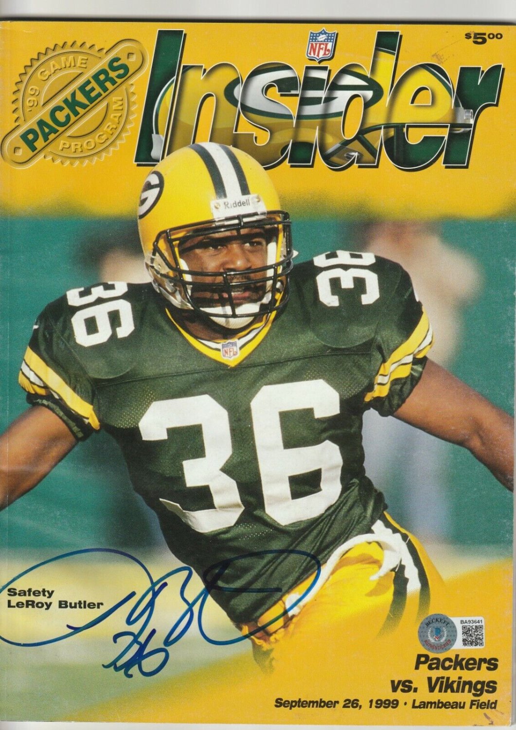 Leroy Butler Autographed Signed 9/26/99 Insider With Beckett COA