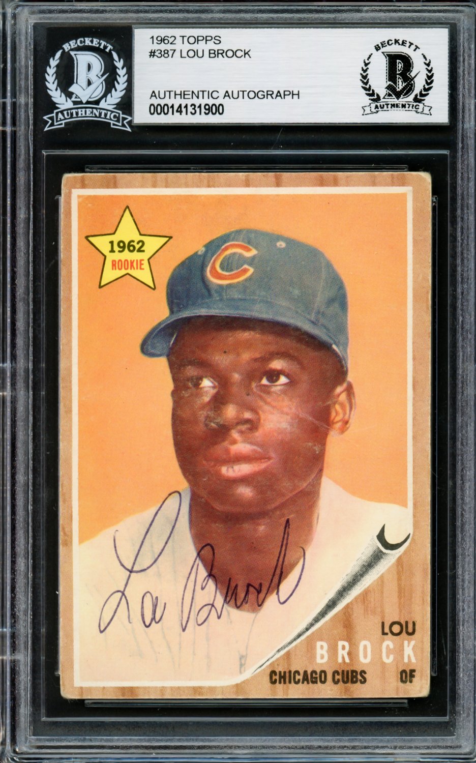 Lou Brock Autographed Signed 1962 Topps Rookie Card #387 Chicago Cubs  Vintage Signature Beckett Beckett