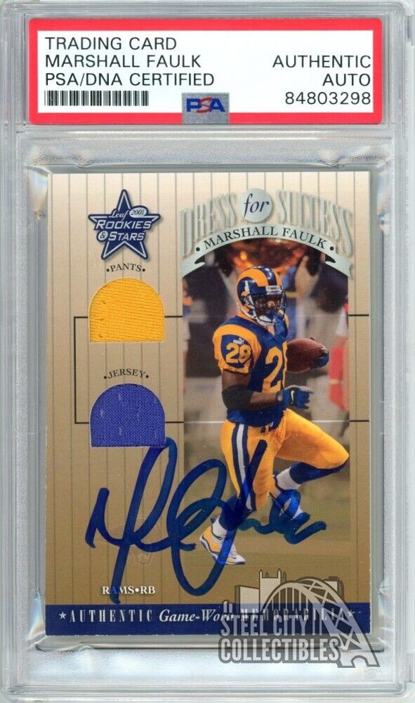 Marshall Faulk Autographed Signed 2001 Leaf Rookies & Stars Autograph Jersey  Card #Dfs6 PSA/DNA