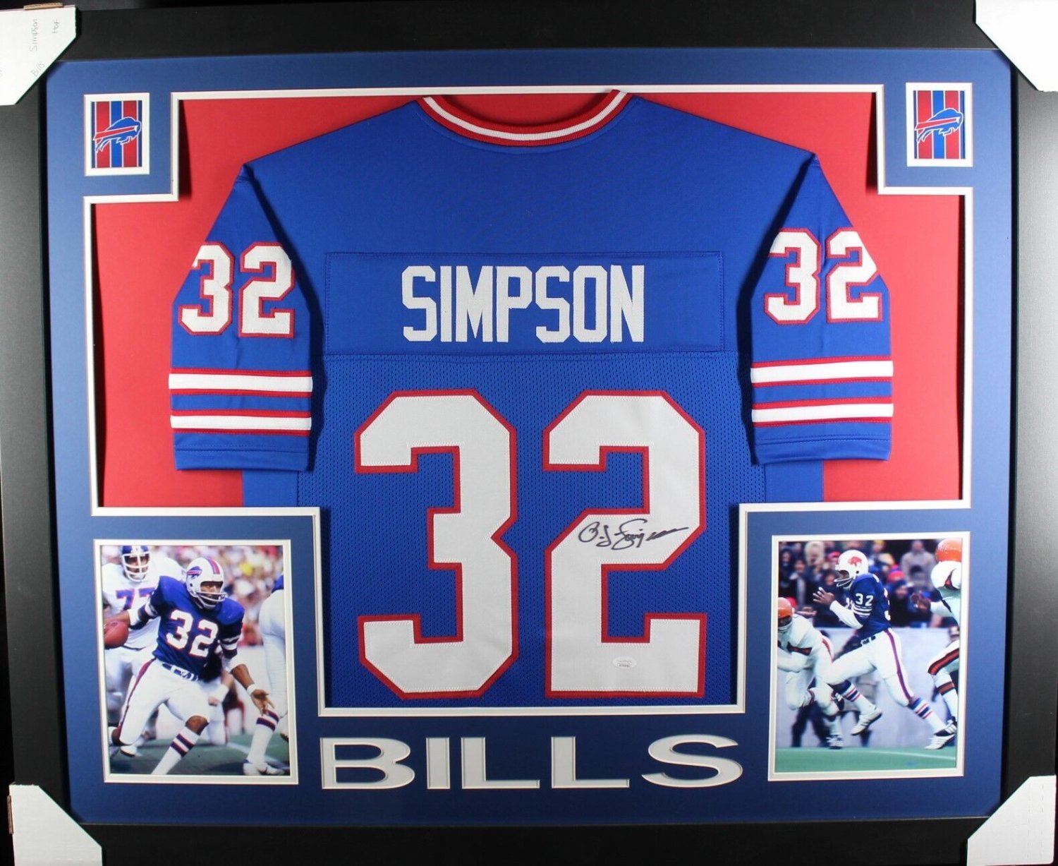 O.J. Simpson Autographed Signed (Bills Blue Skyline) Framed Jersey JSA