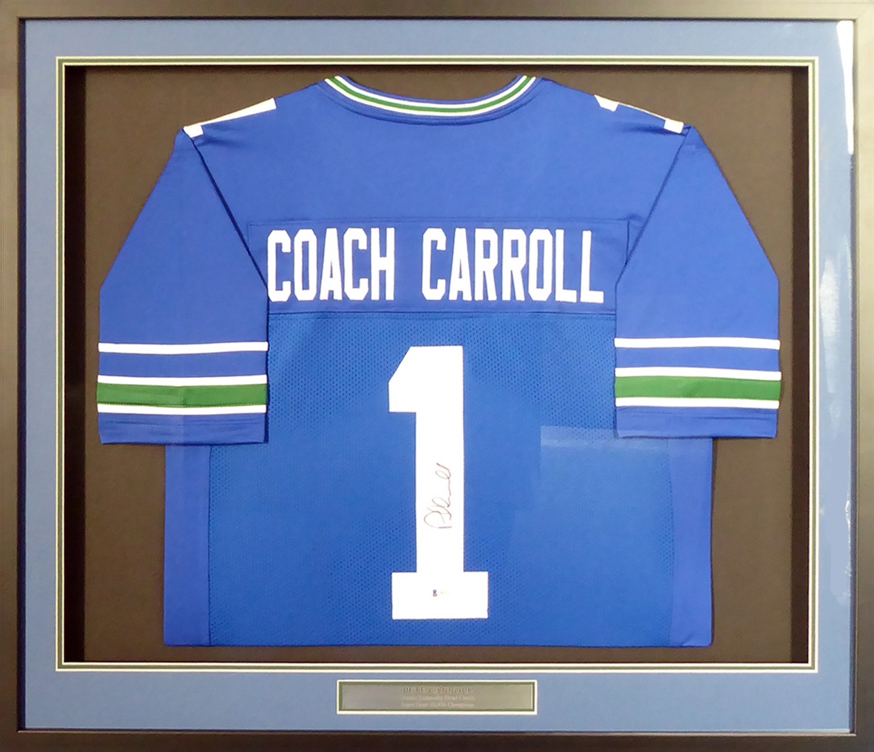 Pete Carroll Autographed Signed Seattle Seahawks Framed Blue Jersey Beckett  Beckett