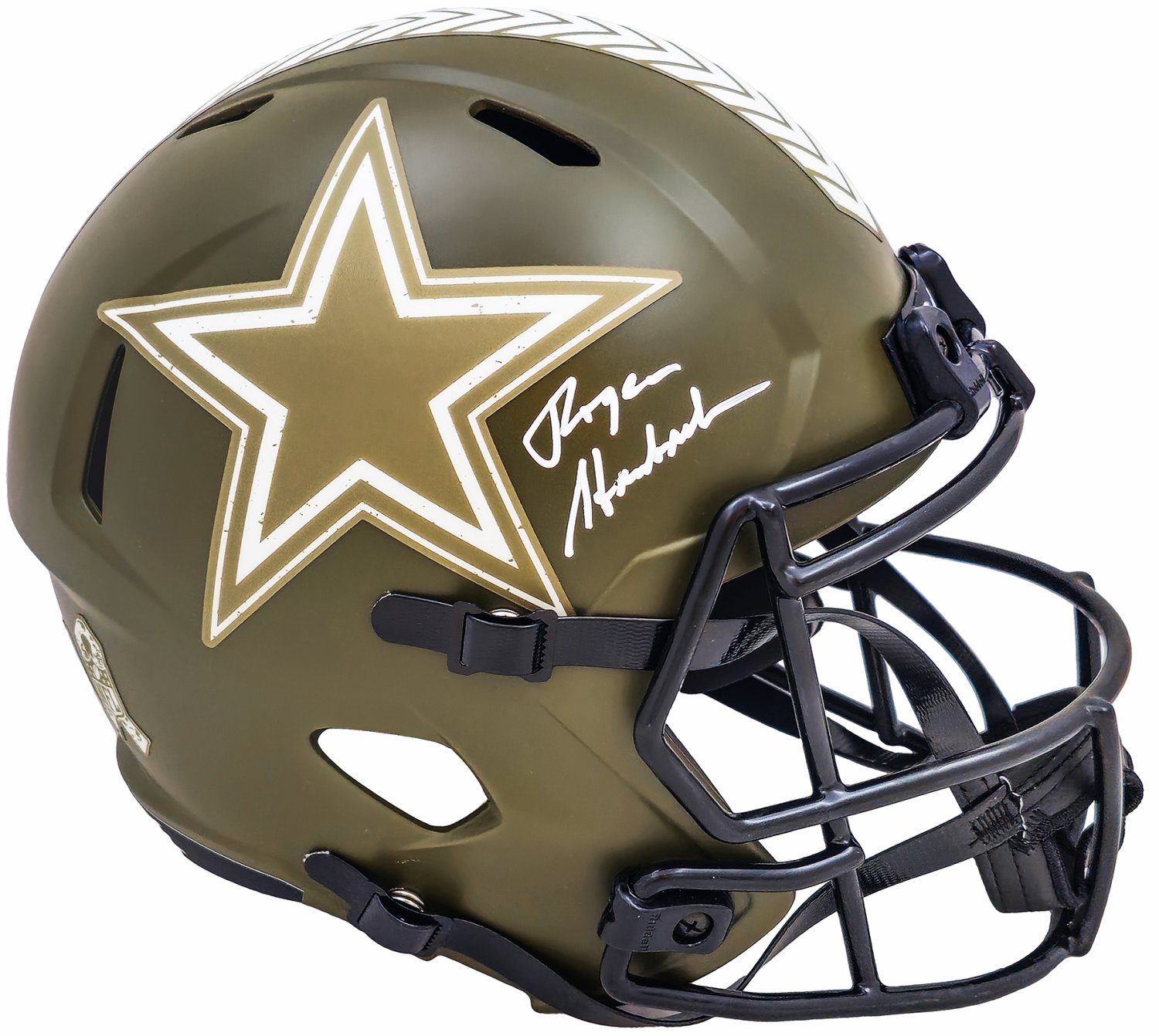 Roger Staubach Autographed Signed Dallas Cowboys Salute To Service Camo  Full Size Replica Speed Helmet Beckett Beckett Witness