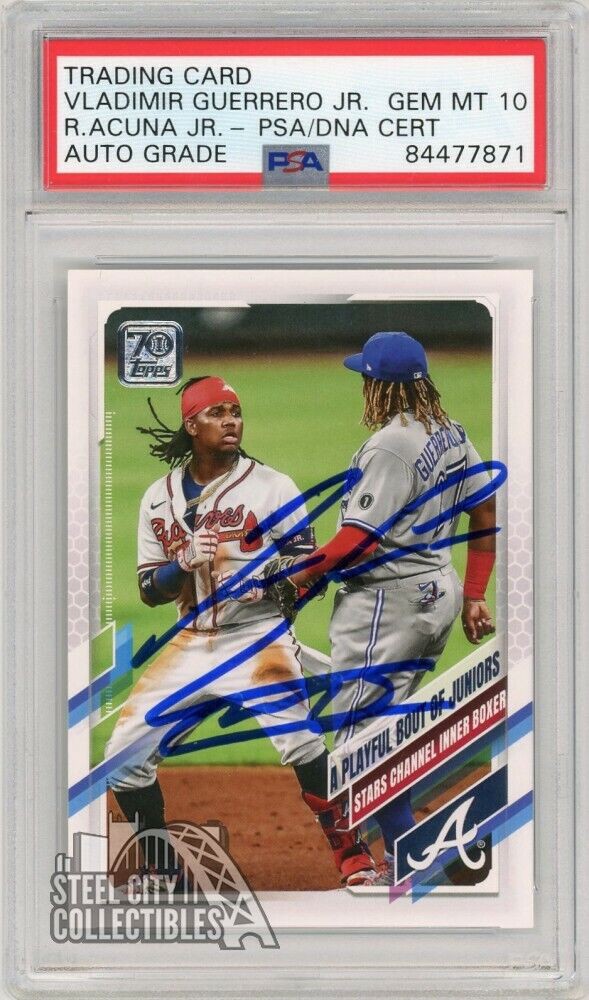 Ronald Acuna Vladimir Guerrero Jr 2021 Topps Series 1 Gold Foil Autograph  Card #61 PSA/DNA