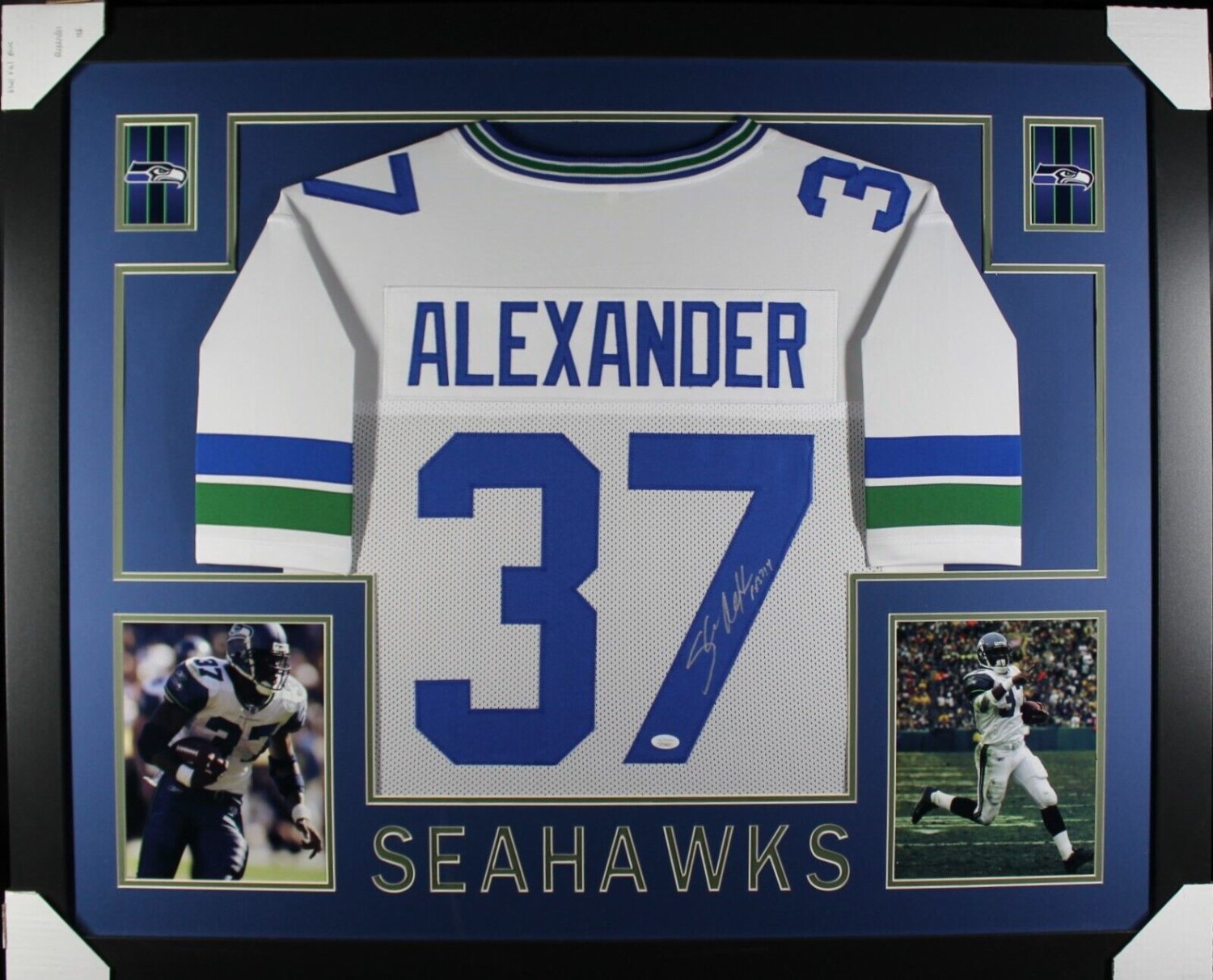 Shaun Alexander Autographed Signed (Seahawks White Skyline) Framed Jersey  JSA