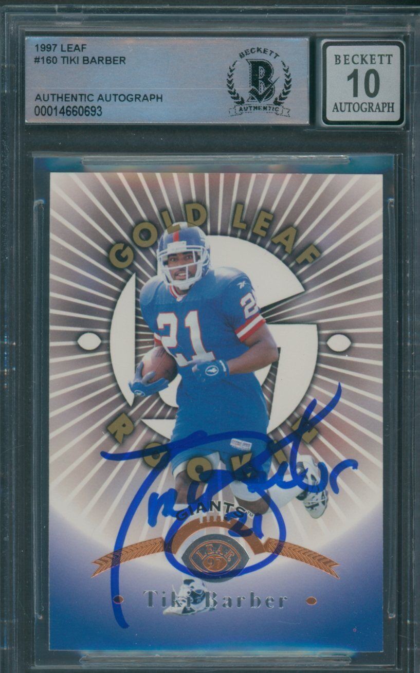 Tiki Barber Autographed Signed 1997 Leaf #160 Beckett Authentic Auto 10 0693