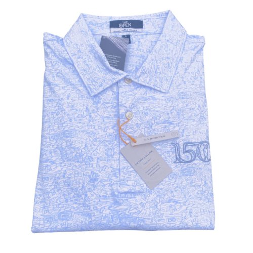 150th British Open Peter Millar White with Blue St Andrews Landmarks Pattern Performance Tech Polo 