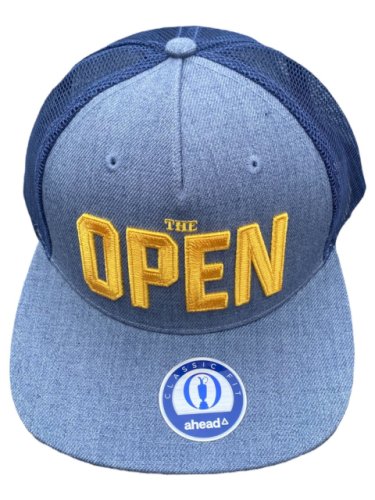 British Open Blue Flat Bill Hat with Yellow Raised Lettering 