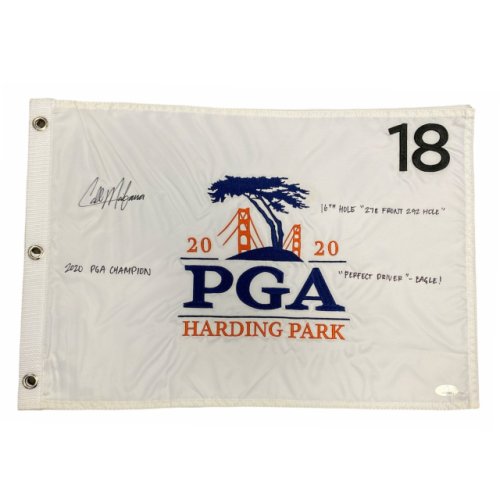 Collin Morikawa Autographed 2020 PGA Embroidered Flag - with inscriptions - JSA Certified 