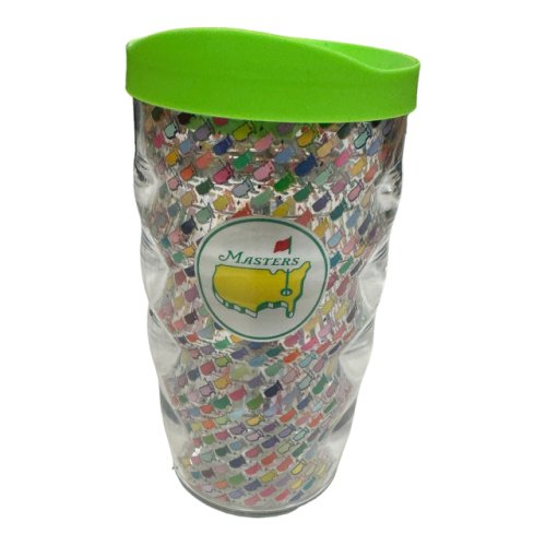 Masters 10oz Tervis Tumbler with Multi-Color Logo Pattern and Lime Green Lid 
