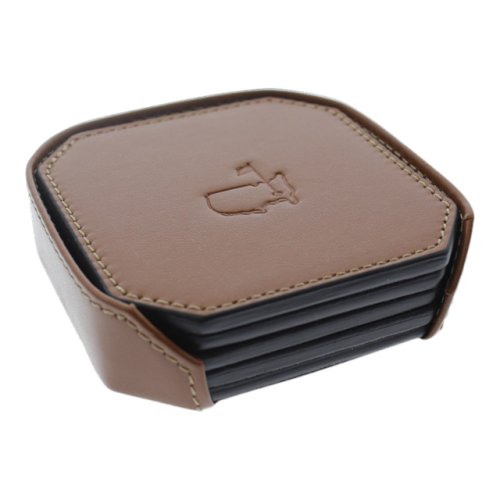 Masters Brown Leather Set of Four Octagonal Executive Coasters with Holder 