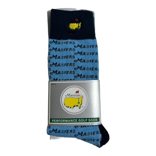 Masters FootJoy Men's Performance Lt Blue and Navy Golf Socks with Repeat MASTERS Wordmark Pattern 