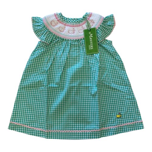Masters Kids Collection Infant Green and White Gingham Cotton Dress with Embroidered Neck and Ruffle Sleeves 