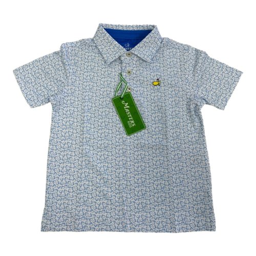 Masters Kids Toddler White Tech Polo with Blue Outline Map Logo Pattern 