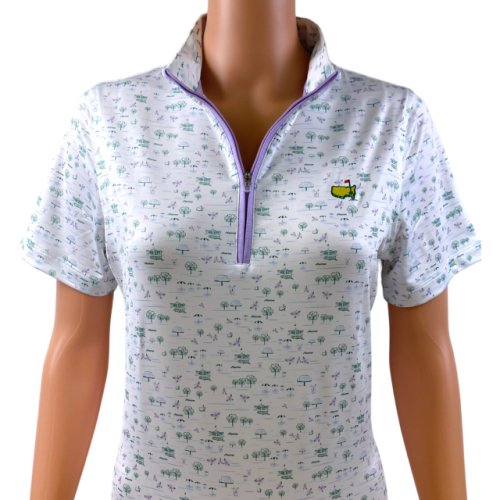 Masters Magnolia Lane Ladies Performance Tech White Augusta Icons Print Zip Polo with Lilac Accents 
