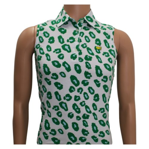 Masters Magnolia Lane White Sleeveless Polo with Green and Blue Leopard Pattern 