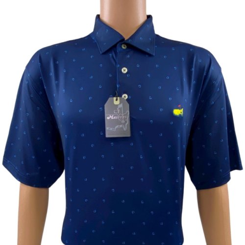 Masters Performance Tech Navy Polo with Scattered Light Blue Flag Logos 
