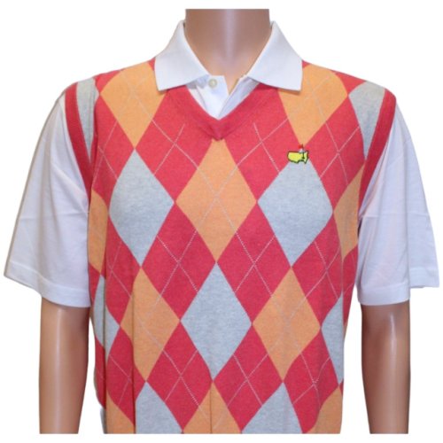 Masters Peter Millar Cashmere Blend Coral, Peach and Grey Argyle Pattern V-Neck Sweater Vest 