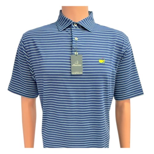 Masters Peter Millar Navy Performance Tech Polo with Lime Green and White Stripes 