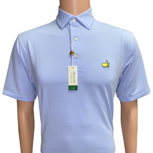 Masters Peter Millar Performance Tech Light Blue and White Tight Micro Stripe Golf Shirt 