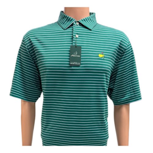 Masters Peter Millar Tech Evergreen Performance Golf Shirt Polo with Thin White and Light Blue Stripe 